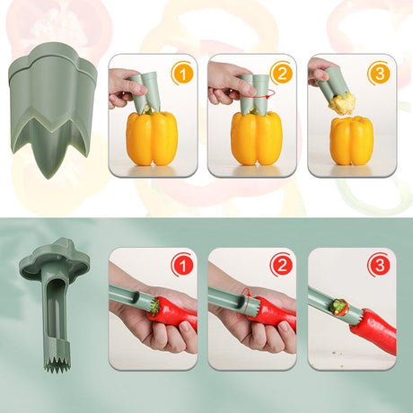 2-in-1 Green Capsicum Slicer and Seed Remover Tool - Fast Vegetable Seed Extractor Kitchen Gadget for Paprika