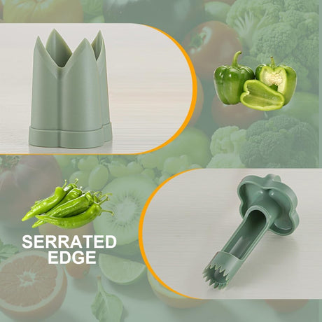 2-in-1 Green Capsicum Slicer and Seed Remover Tool - Fast Vegetable Seed Extractor Kitchen Gadget for Paprika