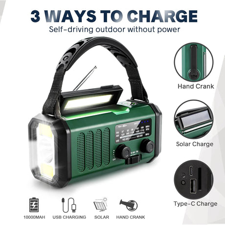 10000mAh Solar Powered Emergency Radio & Power Bank All-in-1 Survival Device with Hand Crank NOAA Alert Powerful Flashlight for Outdoor Camping and Emergency Use