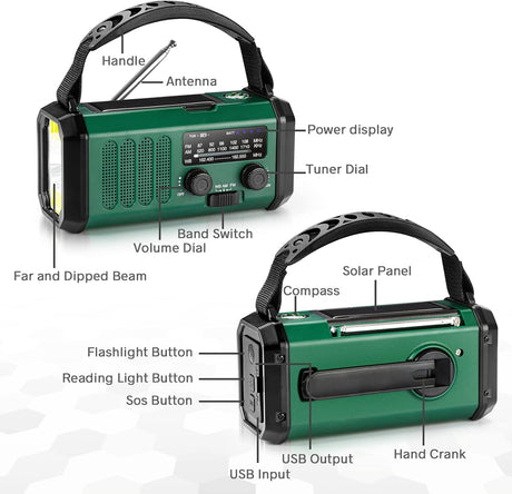 10000mAh Solar Powered Emergency Radio & Power Bank All-in-1 Survival Device with Hand Crank NOAA Alert Powerful Flashlight for Outdoor Camping and Emergency Use