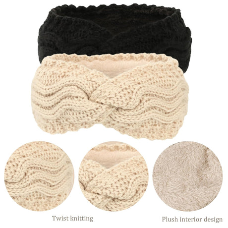 Winter Knitted Ear Warmers Headband - Beige and Black - Warm - One Size - 2 Pack