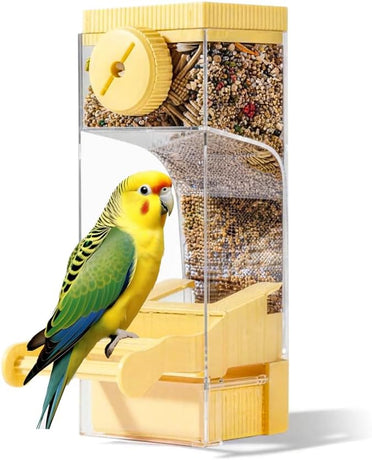 Automatic Bird Feeder for Parakeets, Cockatiels & Canaries with Convenient Seed Catcher Tray Yellow