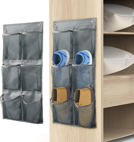 Hanging Shoe Organizer Over Door 2 Pack 6 Large Pockets No Drill Storage Solution Grey