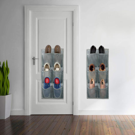 Hanging Shoe Organizer Over Door 2 Pack 6 Large Pockets No Drill Storage Solution Grey