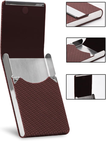 Men's Premium Leather & Stainless Steel Business Card Holder with Magnetic Closure - Brown