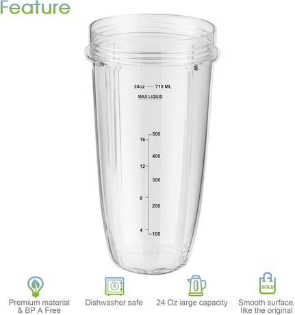 Blender Replacement Parts for Ninja, 24oz Ninja Blender Cups with To-Go Lids, 7 Fins Extractor Blade, Compatible with Nutri Ninja Auto iQ Blenders BL2012 BN801 BL480-30 BL640-30 BL642-30 NN100-30