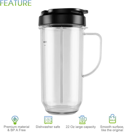 5-piece Magic Bullet Blender Cups, Tall 22oz Cup with Flip-Top To-Go Lid, Cross Blade, Blender Replacement Parts, Mug with Handle Compatible with Magic Bullet 250w MB1001