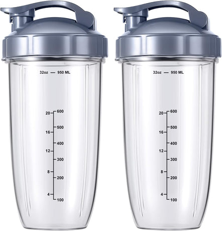 2-pack Replacement Parts Upgrade 32oz Cups with Flip-Top To-Go-Lid and Rubber Gaskets Compatible with NutriBullet 600w/900w Blender Accessory