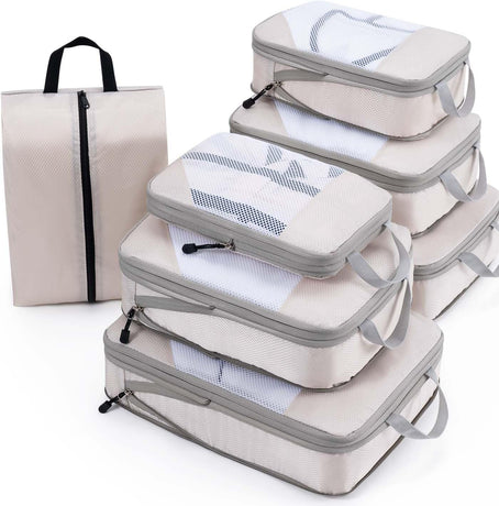 Compression Packing Cubes Travel Organizer 7 Set, Ripstop Mesh Travel Organizers for Luggage Multi-Functional Ultralight Expandable Packing Cubes for Carry-on Luggage, Travel, Backpack