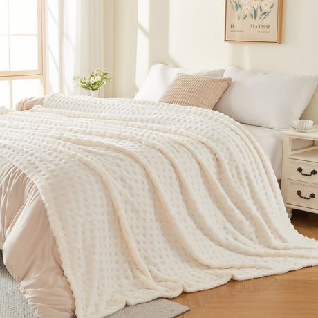 Throw Blankets for Bed Waffle White Blanket for Women Cozy Soft Fluffy Fleece Throw Blanket for Couch Lightweight Breathable Bed for All Season Cream 50x70