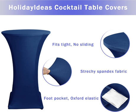 Cocktail Table Covers, 2 Pack - Fitted Stretch Spandex Square Corners Cocktail Tablecloths (Navy, Fit for 30