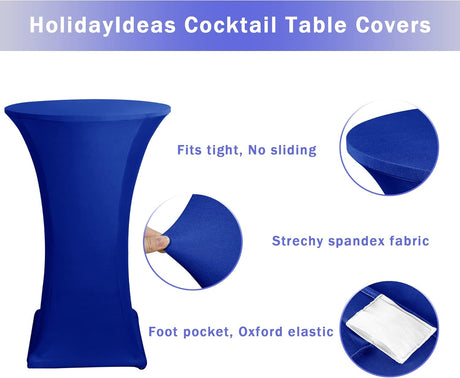 Cocktail Table Covers, 2 Pack - Fitted Stretch Spandex Square Corners Cocktail Tablecloths (Royal Blue, Fit for 30
