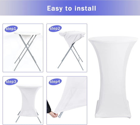Cocktail Table Covers, 2 Pack - Fitted Stretch Spandex High Top Cocktail Tablecloths with Elastic Corners (White, Fit for 30