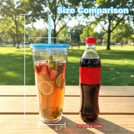 Clear Acrylic Tumbler with Straw and Lid 32 oz, Double Walled Insulated Reusable Plastic Iced Coffee Cup, To Go Cup Perfect for Parties, Birthdays, Fit in Cupholder, BPA Free, Red & Blue 2 Pack