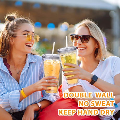 Clear Acrylic Tumbler with Straw and Lid 32 oz, Double Walled Insulated Reusable Plastic Iced Coffee Cup, To Go Cup Perfect for Parties, Birthdays, Fit in Cupholder, BPA Free, Red & Blue 2 Pack