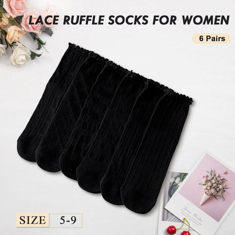 Women's Ruffle Socks Casual Lace Cotton Crew Summer Ultra Thin Cute Frilly Ankle Socks for Women 6 Pairs