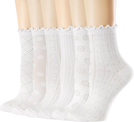 Women's Ruffle Socks Casual Lace Cotton Crew Summer Ultra Thin Cute Frilly Ankle Socks for Women 6 Pairs
