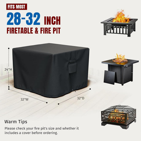 Square Fire Pit Cover, Fits for 28-32 Inch Fire Pit Table, Waterproof and Windproof, 32 x 32 x 24 Inches, Black