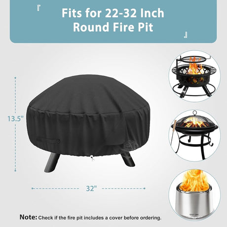 Round Fire Pit Cover for 22-32 Inch Fire Pit - Waterproof and Windproof, with Straps and Built-in Vents, 32 Dia x 13.5 H, Black