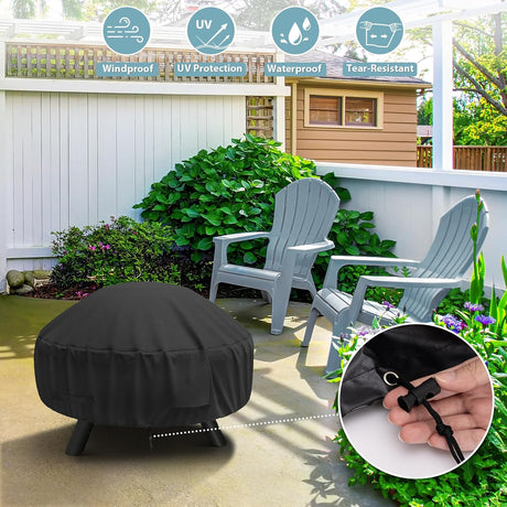 Round Fire Pit Cover for 22-32 Inch Fire Pit - Waterproof and Windproof, with Straps and Built-in Vents, 32 Dia x 13.5 H, Black