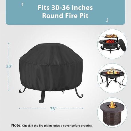 Fire Pit Cover Round 36 In, Outdoor Fire Pit Cover for 30-36 Inches Fire Pits, Windproof Drawstring & Waterproof Layer, Black