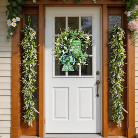 6 Ft Spring Green Boxwood Garland for Mantle, Greenery Spring Summer Garland with White Flowers for Fireplace, Rustic Farmhouse Indoor Outdoor Decor