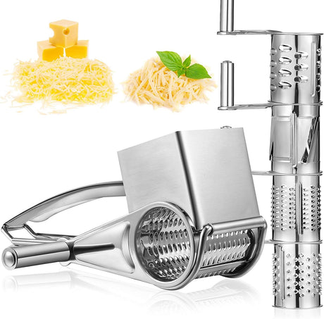 Rotary Cheese Grater Stainless Steel Handheld Rotary Parmesan Grater Cheese Cutter Slicer Shredder with 4 Stainless Drum for Grating Hard Chocolate Nuts Kitchen Tool