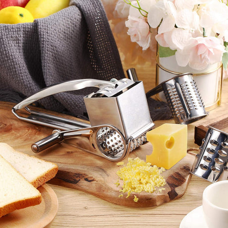 Rotary Cheese Grater Stainless Steel Handheld Rotary Parmesan Grater Cheese Cutter Slicer Shredder with 4 Stainless Drum for Grating Hard Chocolate Nuts Kitchen Tool