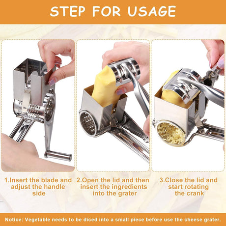 Rotary Cheese Grater Stainless Steel Handheld Rotary Parmesan Grater Cheese Cutter Slicer Shredder with 4 Stainless Drum for Grating Hard Chocolate Nuts Kitchen Tool