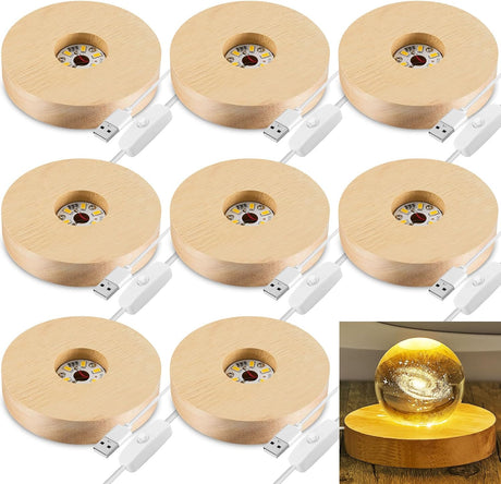 8 Pcs Wooden LED Display Base Lighted Base for Crystal Art Wood Display for Glass Art 3D Crystal Warm Light(Round Surface Style)