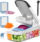 Vegetable Chopper with Container, 2 in 1 Manual Hand Food Chopper with 2 Stainless Steel Chopping Blades for Potato Strips, Onion Cubers, Carrot Sticks, White & Black