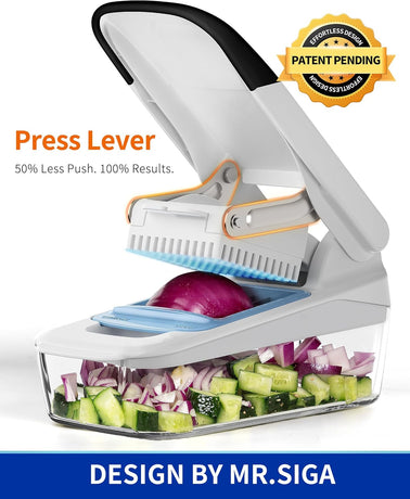 Vegetable Chopper with Container, 2 in 1 Manual Hand Food Chopper with 2 Stainless Steel Chopping Blades for Potato Strips, Onion Cubers, Carrot Sticks, White & Black
