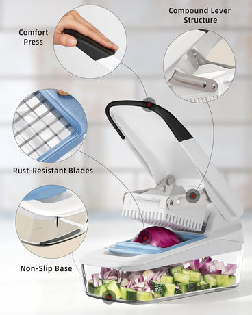 Vegetable Chopper with Container, 2 in 1 Manual Hand Food Chopper with 2 Stainless Steel Chopping Blades for Potato Strips, Onion Cubers, Carrot Sticks, White & Black