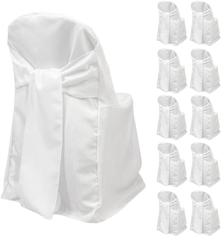 Efavormart 10 Pack White Linen Polyester Folding Chair Covers for Party Dining Chairs Reusable Wedding Chair Slipcovers with Attached Sashes Outdoor Event Decor
