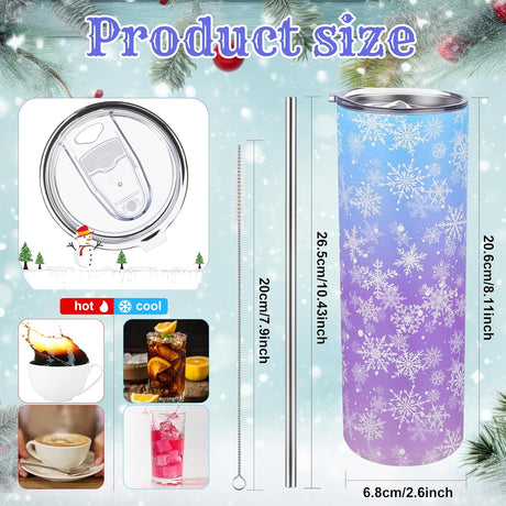 Winter Snowflake Tumbler with Lid Straw 20 oz Stainless Steel Tumbler Snowflake Insulated Skinny Travel Cup Coffee Mug with Straw Brush for Winter Holiday Birthday Party Gifts(Blue)