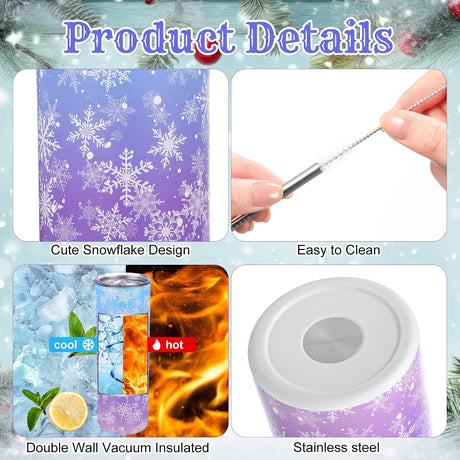 Winter Snowflake Tumbler with Lid Straw 20 oz Stainless Steel Tumbler Snowflake Insulated Skinny Travel Cup Coffee Mug with Straw Brush for Winter Holiday Birthday Party Gifts(Blue)