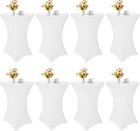 8 Pack Cocktail Table Covers 32x43 Inch Fitted Stretch Spandex Square Corners White Table Cover High Top Cocktail Round Tablecloth for Party, Wedding, Birthday, Banquet(White)