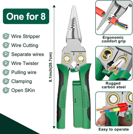 Pro 8-in-1 Wire Stripper/Cutter with Voltage Tester & Dual Alarms - Heavy Duty 12-250V AC/DC Electrical Tester for Hot/Neutral Wires - Electrician, HVAC, Car Repair Tool (Green)