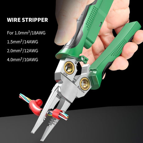 Pro 8-in-1 Wire Stripper/Cutter with Voltage Tester & Dual Alarms - Heavy Duty 12-250V AC/DC Electrical Tester for Hot/Neutral Wires - Electrician, HVAC, Car Repair Tool (Green)