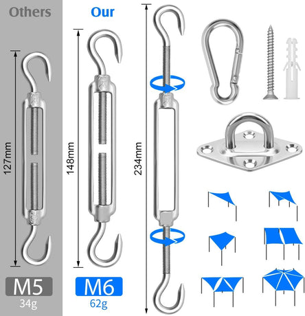Sun Shade Sail Hardware Kit 6 Inch for Rectangle & Triangle Shade Sail Install, Stainless Steel Shade Sail Fixing Accessories for Outdoor Patio Canopy Garden, Heavy Duty Awning Attachment Set (44 Pcs)