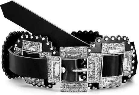 Women Western Concho Leather Belt Cowgirl Boho Belt Chunky for Dresses Concert Festival,Black,Fit Waist 23