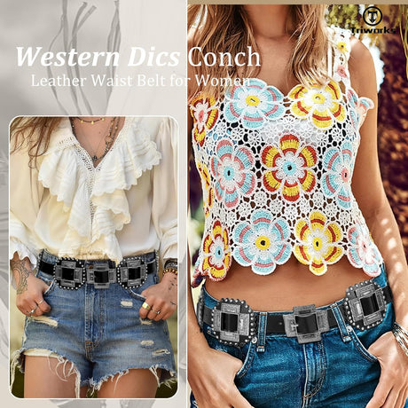 Women Western Concho Leather Belt Cowgirl Boho Belt Chunky for Dresses Concert Festival,Black,Fit Waist 23
