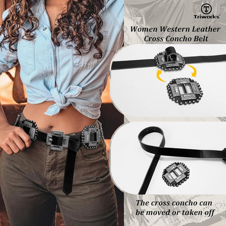 Women Western Concho Leather Belt Cowgirl Boho Belt Chunky for Dresses Concert Festival,Black,Fit Waist 23