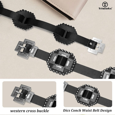 Women Western Concho Leather Belt Cowgirl Boho Belt Chunky for Dresses Concert Festival,Black,Fit Waist 23