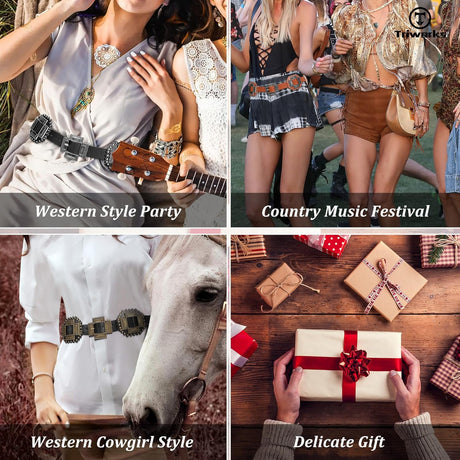 Women Western Concho Leather Belt Cowgirl Boho Belt Chunky for Dresses Concert Festival,Black,Fit Waist 23