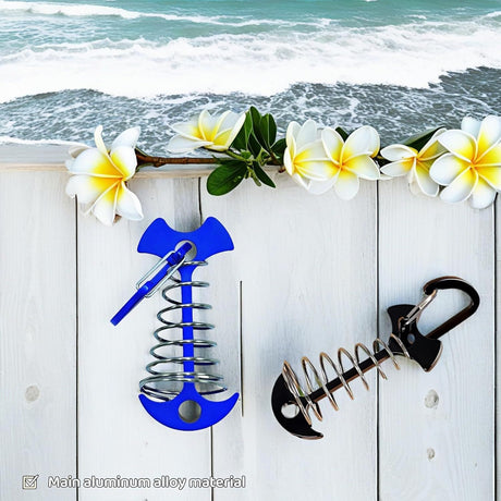 Fishbone SpringTent Peg Portable Windproof Anchors,Aluminum Tent Stakes with Carabiner for Camping Deck, Spring-Loaded Gutter Hook for Tarp,Adjustable Gap Stake for Outdoor Canopy (Blue and Black)