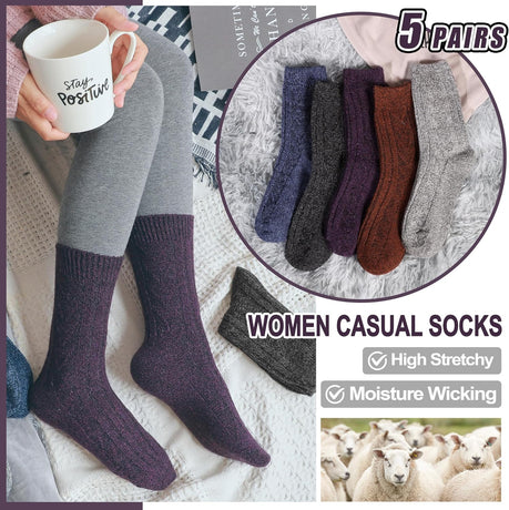 5 Pairs Merino Wool Socks for Women Thermal Warm Thick Winter Hiking Knit Cozy Crew Duty Work Soft Socks for Ladies