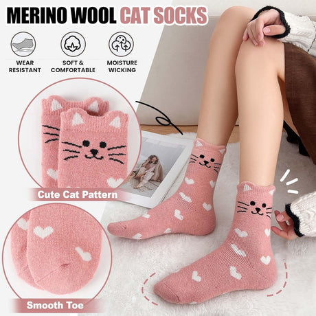 Merino Wool Cat Socks for Women Thermal Winter Warm Thick Cute Fun Cozy Crew Socks 5 Pairs