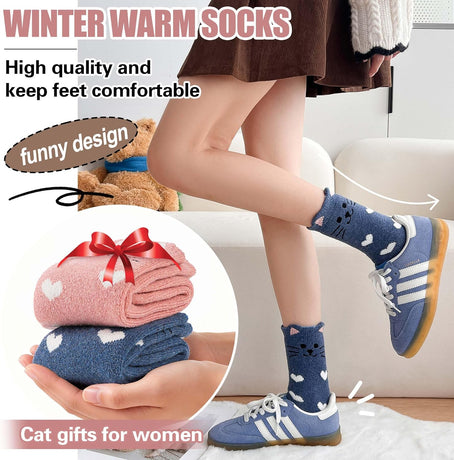 Merino Wool Cat Socks for Women Thermal Winter Warm Thick Cute Fun Cozy Crew Socks 5 Pairs
