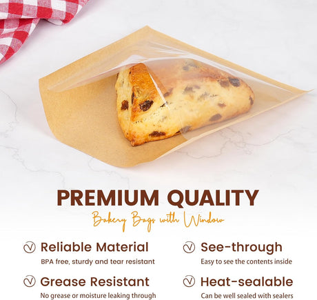 100 Pack Cookie Packaging Bags with Seal, 5.7x6.5 Inch Paper Bakery Bags with Window, Heat Sealable & Grease Resistant To Go Bake Sale Sleeves for Treat, Donut, Cake Slice, Scone, Brownie